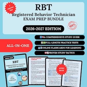 May include: An RBT exam prep bundle with the text "RBT Registered Behavior Technician EXAM PREP BUNDLE 2026-2027 EDITION". Includes a study guide, practice tests, online flashcards, and proven study tactics. The bundle is all-in-one.