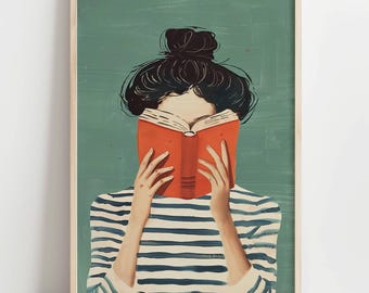 Illustrazione digitale di una donna che legge, stampa artistica, decorazione murale moderna e minimalista