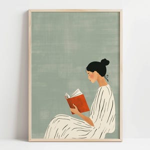 Sage Green Digital Minimalist Woman Reading Art Print Modern Calm Wall Decor