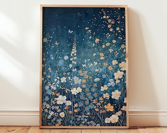 Stampa di un campo di fiori selvatici blu, decorazione murale Giardino notturno, illustrazione floreale, arredamento cottagecore, download digitale botanico