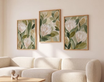 Digitaler Download: Protea-Blumen-Wandbild-Set (3 neutrale botanische Drucke, Salbeigrün) – Moderne Wohnzimmerdekoration