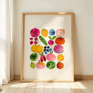 Quadro aquarela colorido com frutas e vegetais em formato de grade, arte de parede para cozinha, estampa alegre de produtos agrícolas, decoração de fazenda, download digital 372