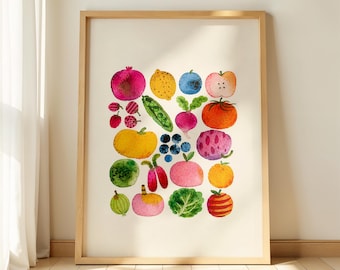Colorful Fruit Vegetable Grid Watercolor Painting, Kitchen Wall Art Printable, Cheerful Produce Print, Farmhouse Decor, Digital Download 372