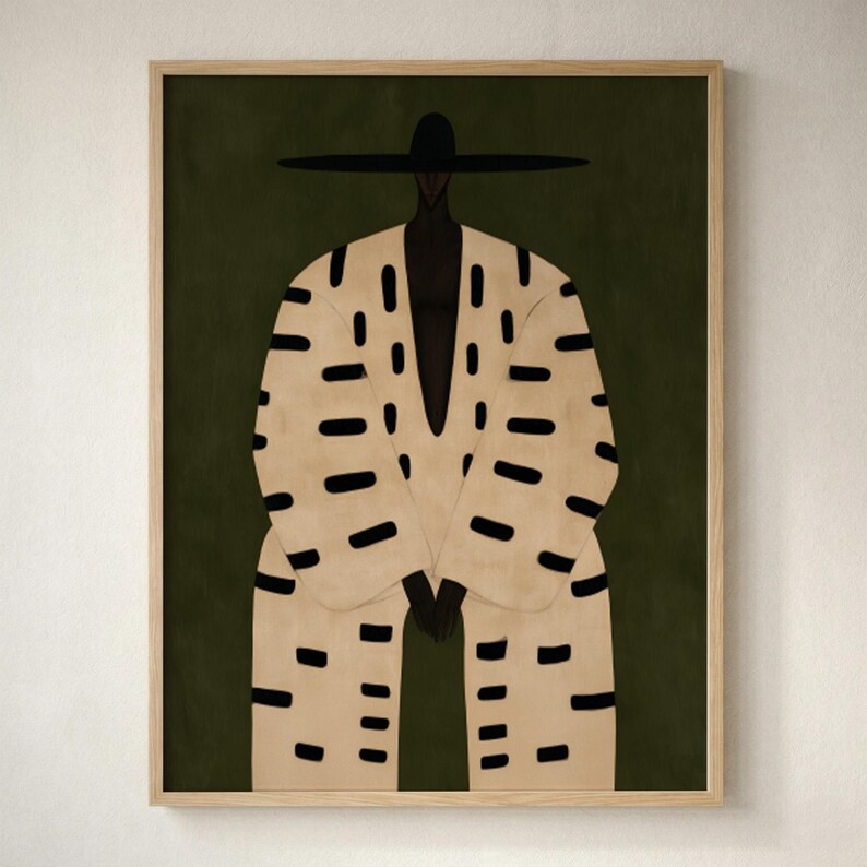 Afrocentric portrait print featuring a stylish Black man wearing a wide-brimmed hat and patterned cream clothing against a deep olive green background.