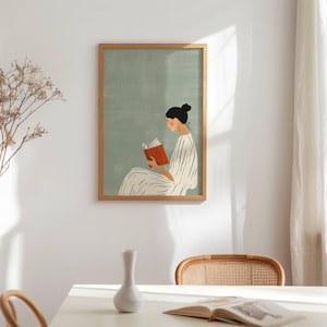 Sage Green Digital Minimalist Woman Reading Art Print Modern Calm Wall Decor