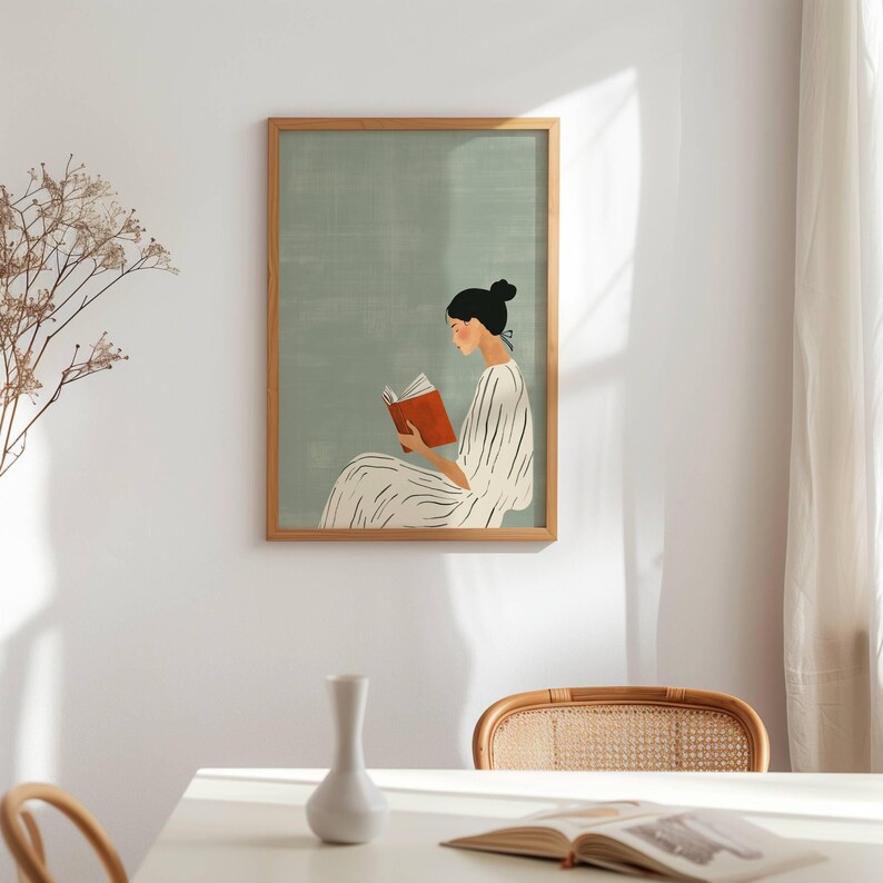 Sage Green Digital Minimalist Woman Reading Art Print Modern Calm Wall Decor