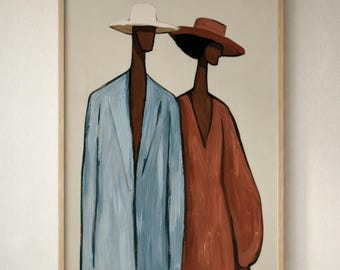 Ritratto minimalista di coppia nera su tela, figure astratte in tonalità neutre, dipinto moderno stampabile, decorazione dai toni naturali, download digitale 573