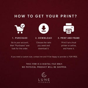 May include: A dark red informational graphic titled HOW TO GET YOUR PRINT? with three white icons representing a shopping cart, a download arrow, and a printer. Text instructions detail the purchase, download, and printing process for digital files.