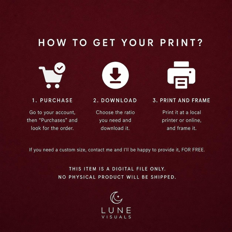 May include: A dark red informational graphic titled HOW TO GET YOUR PRINT? with three white icons representing a shopping cart, a download arrow, and a printer. Text instructions detail the purchase, download, and printing process for digital files.