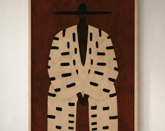 Stampa astratta afrocentrica di un uomo a righe, arte da parete stampabile, bordeaux malinconico, illustrazione di moda moderna minimalista, download digitale 592