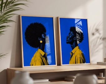 Set di 2 stampe da parete afrocentriche per coppia, stampe artistiche sull'amore nero, ritratti blu e gialli, arte di uomo e donna neri, arredamento africano moderno