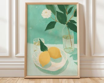 Stampa di natura morta con limoni, arte mediterranea per la cucina, decorazione murale con agrumi, arredamento estivo fresco, illustrazione minimalista di cibo, download digitale