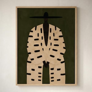 Seated Black Man in Striped Coat - Modern Minimalist Wall Art, Moody Figurative Painting, Contemporary Printable Decor, Digital Download 445