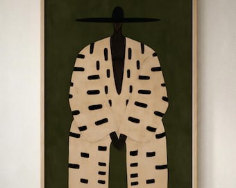 Uomo nero seduto con cappotto a righe - Arte murale moderna e minimalista, dipinto figurativo suggestivo, decorazione contemporanea stampabile, download digitale 445