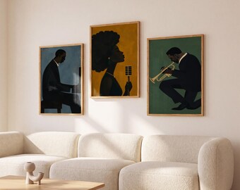 Afrocentric Jazz Triptych Wall Art Set of 3, Black Music Wall Decor, African American Art Prints, Jazz Lover Gift, Modern Gallery Wall Art