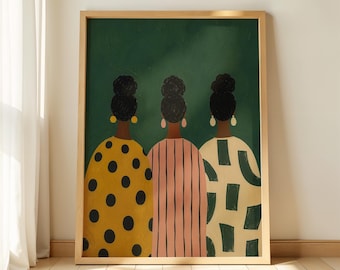 Stampa artistica afrocentrica boho folk, decorazione murale femminile nera, donne nere moderne, download digitale