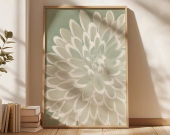 Stampa di fiori di dalia neutri, arte murale botanica minimalista, stampa floreale verde salvia tenue, arredamento scandinavo, download digitale