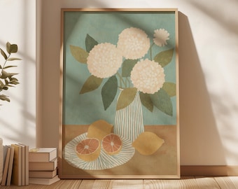 Natura morta con limoni, stampa floreale di ortensie, decorazione moderna per la cucina, opera d'arte minimalista con frutta e fiori, download digitale