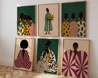 Set di 6 stampe da parete afrocentriche, stampe artistiche di donne nere, decorazioni murali di ispirazione africana, arte moderna africana "Black Girl Magic", download digitale.