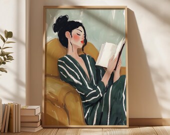 Quadro da parete con donna che legge, stampa accogliente per amanti dei libri, illustrazione femminile minimalista, opera d'arte moderna con scena rilassante, download digitale