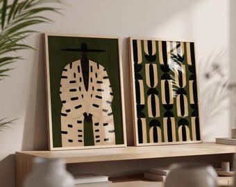 Set di 2 stampe artistiche afrocentriche da parete, ispirate all'Africa, ritratto di uomo di colore e stampa geometrica, arredamento africano moderno, download digitale.