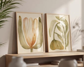 Abstract Floral Wall Art Set of 2, Sage Green Flower Prints, Neutral Watercolor Art, Japandi Decor, Organic Modern Minimalist Home