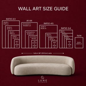 May include: A wall art size guide chart on a dark red background featuring white outlines of various rectangular frame sizes categorized by ratios 2:3, A1-A4, 4:5, 3:4, and 11x14. Below, a beige curved sofa is shown with a 99 inch wide label.