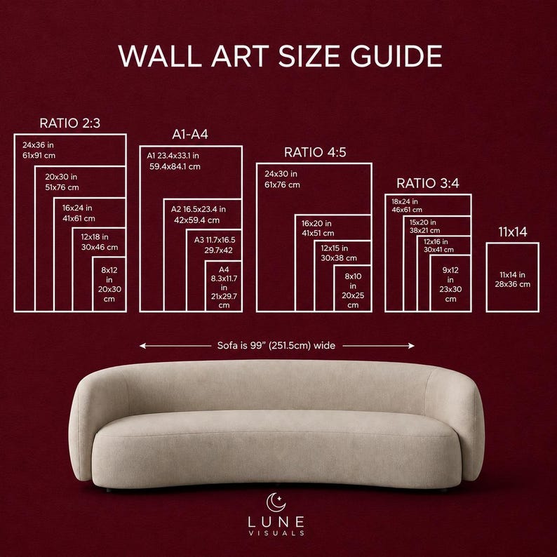 May include: A wall art size guide chart on a dark red background featuring white outlines of various rectangular frame sizes categorized by ratios 2:3, A1-A4, 4:5, 3:4, and 11x14. Below, a beige curved sofa is shown with a 99 inch wide label.