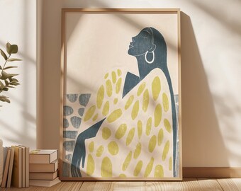 Stampa astratta di donna nera, ritratto minimalista da parete, figura femminile moderna stampabile, arredamento neutro contemporaneo, download digitale