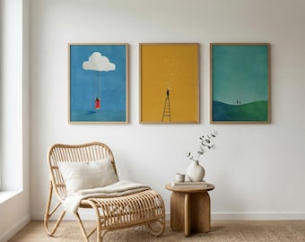Set di 3 trittici minimalisti da parete, stampe scandinave fantasiose, decorazioni murali moderne e sognanti, download digitale.