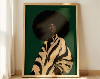 Stampa artistica moderna di una donna con ritratto afro, dipinto di figura audace e alla moda, decorazione murale con cappotto zebrato, download di arte nera contemporanea 131