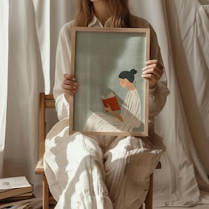 Sage Green Digital Minimalist Woman Reading Art Print Modern Calm Wall Decor