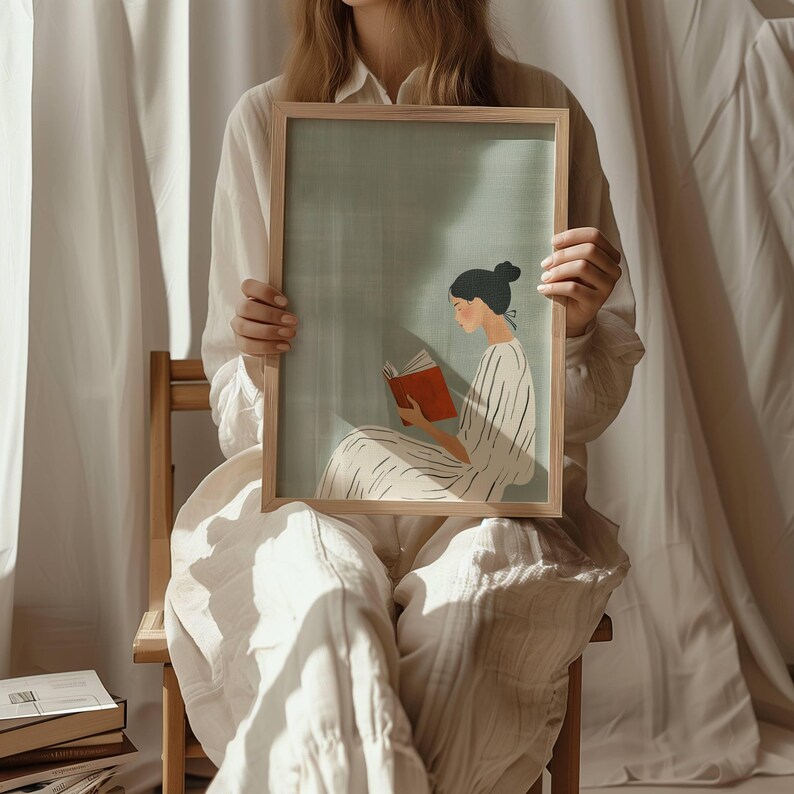 Sage Green Digital Minimalist Woman Reading Art Print Modern Calm Wall Decor