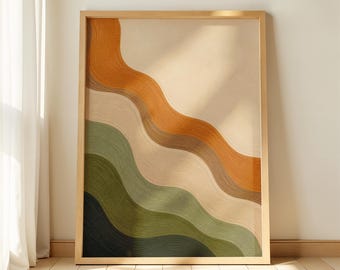 Quadro astratto retrò con onde - Arte diagonale color terracotta, arancione, verde salvia, decorazione murale in stile moderno di metà secolo, download digitale stampabile in stile boho 355