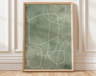 Grafika ścienna w kolorze szałwii zielonej, minimalistyczna abstrakcja, nowoczesny wystrój organiczny, skandynawskie dzieło sztuki, pobieranie cyfrowe