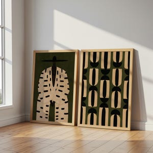 Two-piece African-inspired wall decor collection combining figurative Afrocentric artwork with bold contemporary geometric design.