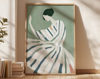 Stampa minimalista di donna danzante, elegante quadro da parete con abito a righe, illustrazione di donna color verde salvia, download digitale stampabile moderno e femminile
