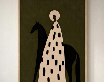 Black Woman on Black Horse Moody Wall Art, Afrocentric Art Print, Surrealist Feminine Art, Dark Boho Decor, Mystical Horse Artwork 612