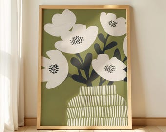 Stampa artistica da parete color verde salvia, stampa botanica minimalista, decorazione neutra per camera da letto, disegno floreale stilizzato, download immediato.