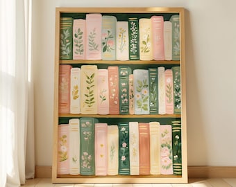 Libri pastello su scaffali di legno - Decorazione murale per angolo lettura in stile cottagecore, stampa con libreria botanica, arredamento accogliente per biblioteca, download digitale 548