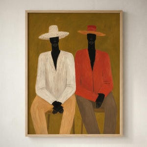 Seated Black Men in Sun Hats Modern Afrocentric Art Print Rustic Neutral Boho Printable Wall Decor Digital Download Contemporary Portrait 12