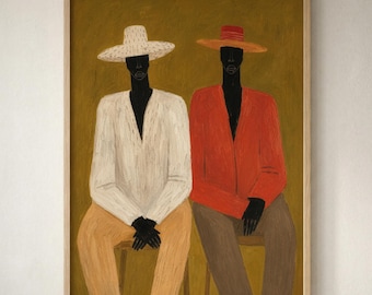 Uomini neri seduti con cappelli da sole, stampa artistica afrocentrica moderna, decorazione murale boho rustica neutra, download digitale, ritratto contemporaneo 12