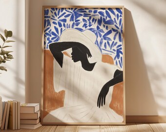 Ritratto minimalista di donna nera, stampa artistica moderna e femminile per pareti, illustrazione di moda contemporanea, decorazione botanica blu, download digitale.