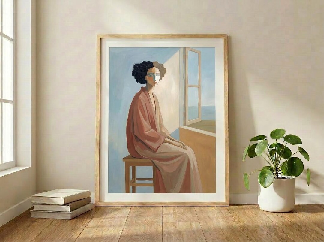 Light Blue Abstract Woman Art Print – Modern Digital Japandi Style Wall ...