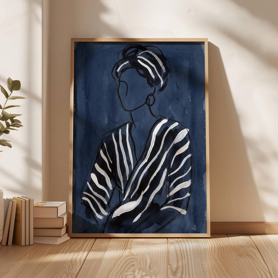 Navy Blue Stripes Minimalist Woman Portrait Wall Art Print - Etsy
