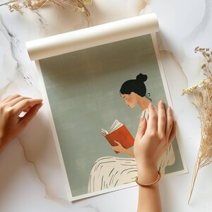 Sage Green Digital Minimalist Woman Reading Art Print Modern Calm Wall Decor