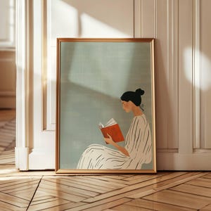 Digital Minimalist Woman Reading Art Print Modern Calm Sage Green Wall Decor