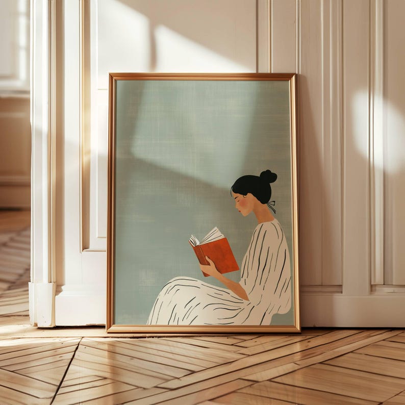 Digital Minimalist Woman Reading Art Print Modern Calm Sage Green Wall Decor