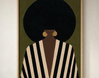 Ritratto di donna nera afro in silhouette - Arte murale moderna e minimalista, stampa grafica audace, decorazione retrò chic, download digitale stampabile 547