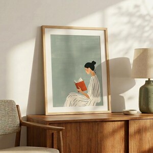 Sage Green Digital Minimalist Woman Reading Art Print Modern Calm Wall Decor